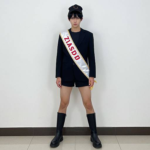 Photograph of a young Asian man in black outfit, black boots, and white sash with 
