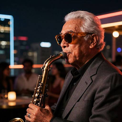 Elderly Jazz Musician at Neon Rooftop Club