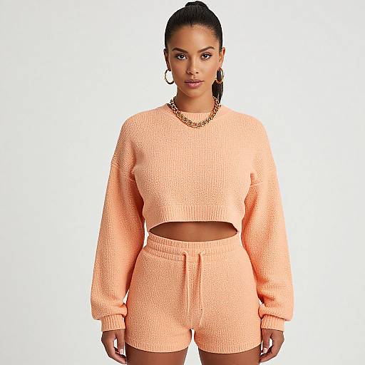 Photograph of a woman with dark skin, wearing a peach knit crop sweater and matching high-waisted shorts, gold chain necklace, hoop earrings,