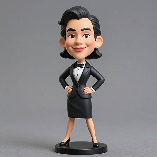 Cartoon-style figurine of a smiling woman with black hair, wearing a black tuxedo with bow tie, knee-length skirt, and black shoes