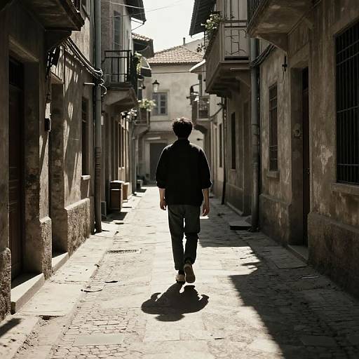 Silhouetted man in dark clothes walks down a sunlit, narrow, cobblestone alley between old, shadowed buildings in a photograph.