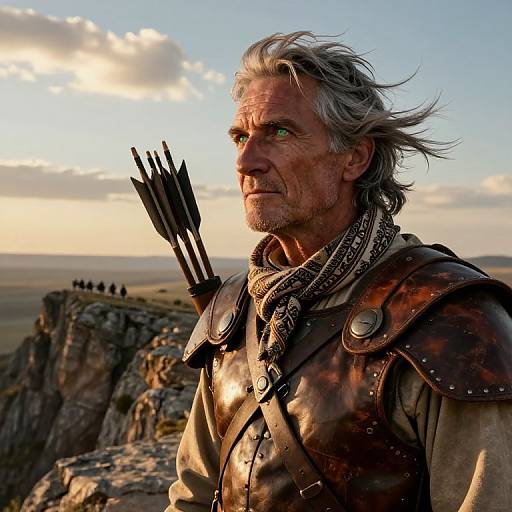 Photorealistic CGI of an older, weathered man with gray hair and green eyes, wearing leather armor and quiver, gazing at a sunset