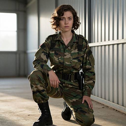 Photograph of a serious-looking woman in military camouflage uniform, kneeling in a brightly lit industrial hallway with vertical metal walls.