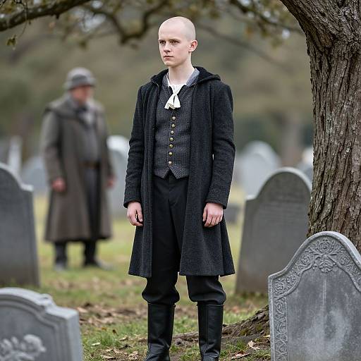 Photograph of a bald, pale-skinned man in black 19th-century attire standing in a foggy, overcast cemetery with gravestones