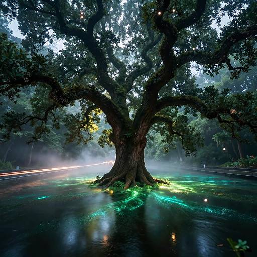 Floating Ancient Oak in Bioluminescent Forest