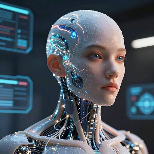 Photorealistic CGI of a cybernetic woman with a bald, robotic head, glowing blue circuits, and exposed mechanical neck, in a futuristic,