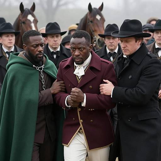 Historical Arrest Scene with Horses and Crowd