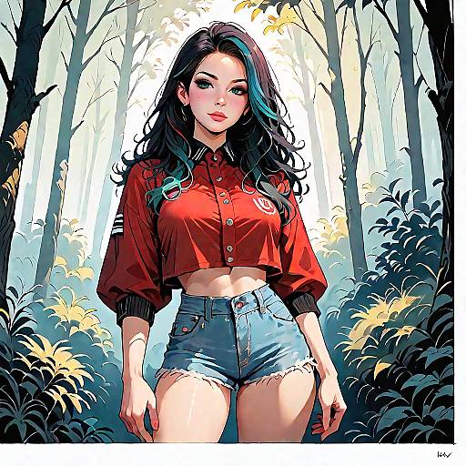 Stylish Woman in Cropped Varsity Top and Denim Shorts in Forest