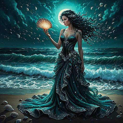 Enigmatic Siren on Midnight Seashore