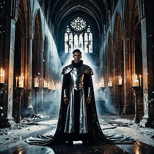 Avant-Garde Male Model in Metallic Armor in Gothic Cathedral