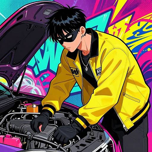 Anime-style illustration of a black-haired, masked, young man in a yellow jacket, working on a car engine with vibrant, colorful graffiti background.