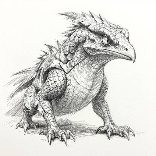 Detailed black-and-white pencil drawing of a fierce, dragon-like creature with scales, spiky crest, sharp claws, and intense eyes, standing on all