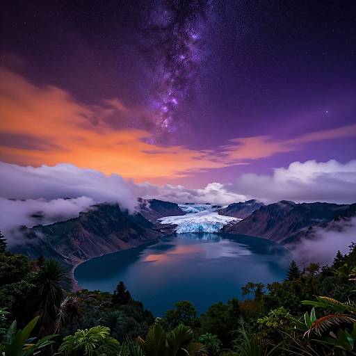 Photograph of a vibrant, starry night sky over a turquoise lake with a glowing glacier, surrounded by misty mountains and lush greenery.