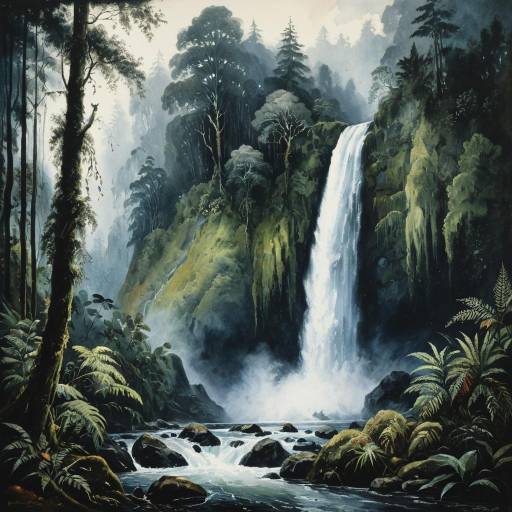 Misty Waterfall in Pacific Northwest Rainforest