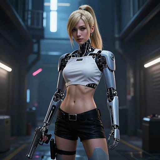 Cyberpunk image of a blonde, athletic woman with robotic arms and legs, wearing a white crop top, black shorts, and holding a gun,