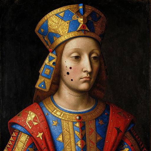 Renaissance portrait of a young woman in ornate, blue and gold crown, red and blue embroidered robe, with black beauty marks on her face