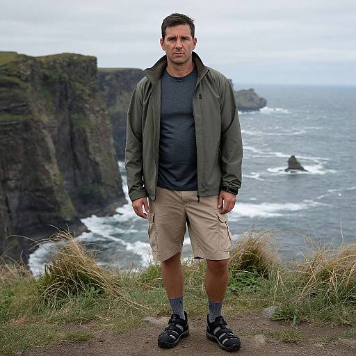 Photograph of a serious, muscular man with short brown hair, wearing a green jacket, gray shirt, beige shorts, and black sneakers, standing on
