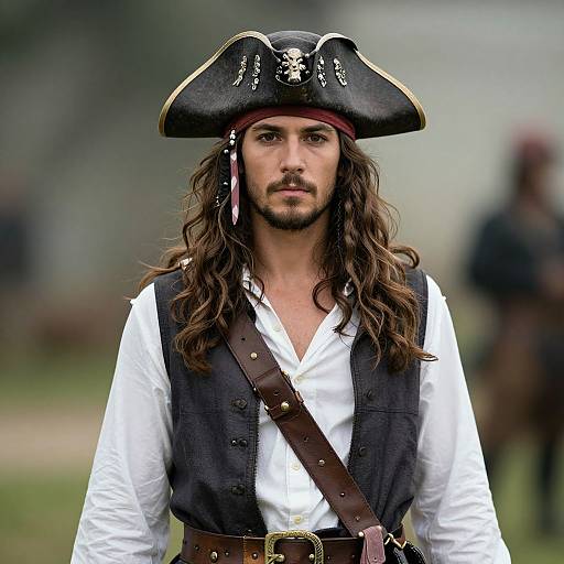 Photograph of a long-haired, bearded man in a black tricorne pirate hat, white shirt, and brown vest, standing outdoors. Bl