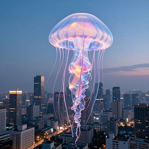 Photograph of a glowing, bioluminescent jellyfish with translucent, neon blue and pink tentacles floating above a city skyline at dusk.