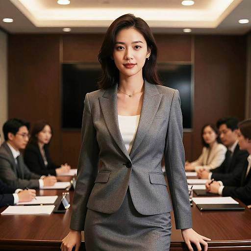 Photograph of an Asian woman with shoulder-length black hair, wearing a gray business suit and white blouse, standing confidently in a well-lit, modern