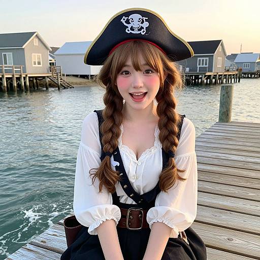 Photograph of a smiling young Asian woman with brown hair in braids, dressed as a pirate, wearing a black tricorn hat and white blouse,