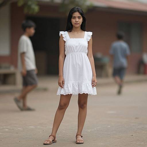 Photograph of a young Asian woman with long black hair, wearing a white lace-trimmed dress and sandals, standing in a blurred, rustic outdoor