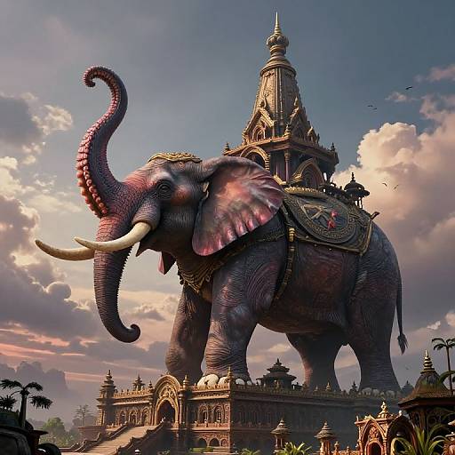 Fantasy illustration of a majestic, purple-scaled elephant with curled trunk, adorned with ornate golden saddle, standing before a towering, intricately detailed