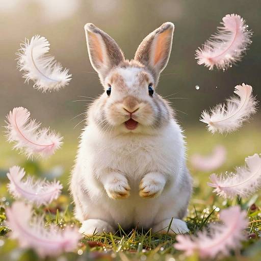 Joyful Baby Bunny with Pastel Feathers