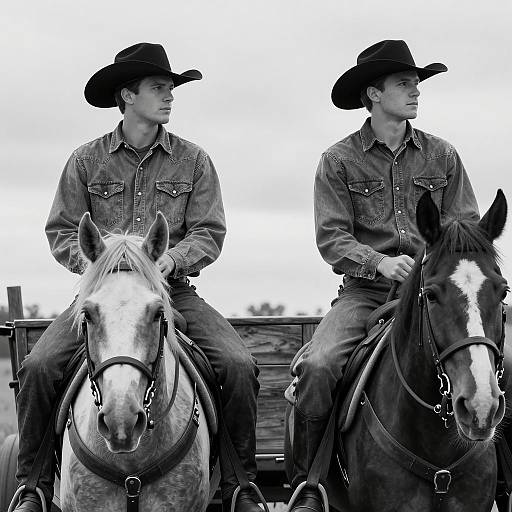 Cowboys on Horses in Wooden Wagon