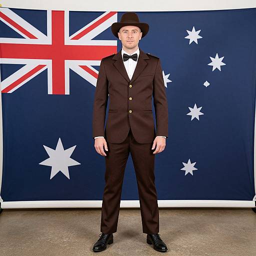 Photograph of a young man in a black suit, bow tie, and black hat, standing in front of an Australian flag backdrop.