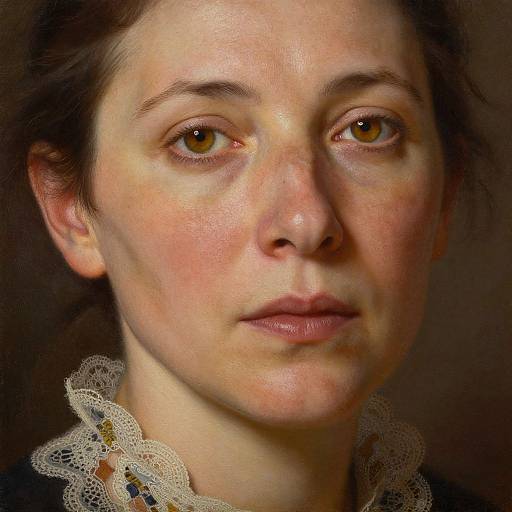 Photograph of a Caucasian woman with fair skin, brown eyes, and dark brown hair, wearing a lace-trimmed collar, gazing directly at