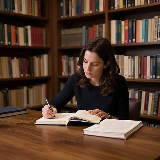 Photograph of a young woman with dark hair, wearing a black sweater, writing in an open book at a wooden library table, surrounded by filled book