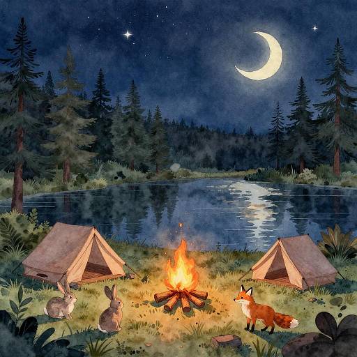Serene Lakeside Campsite at Night