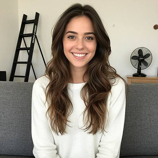 Photograph of a smiling young woman with long, wavy brown hair, wearing a white sweater, sitting on a gray couch, with a black ladder