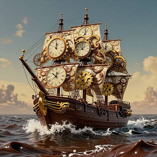 Steampunk-style ship with large clock gears on sails, sailing through choppy ocean waves under a clear, sunset sky. Digital artwork.