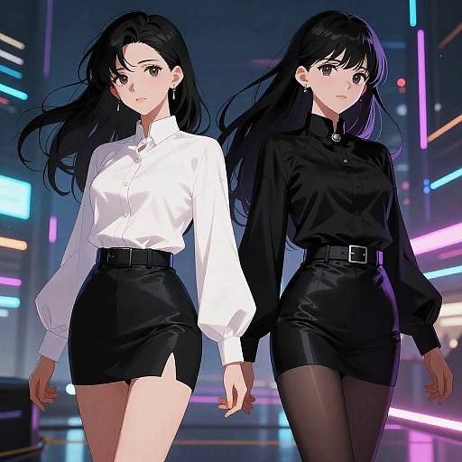 Digital anime-style illustration of two confident women with long black hair, one in a white shirt and black skirt, the other in a black shirt and skirt