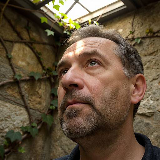 Close-up photograph of a middle-aged man with gray hair and beard, gazing upwards, sunlight filtering through leaves against a textured stone wall.