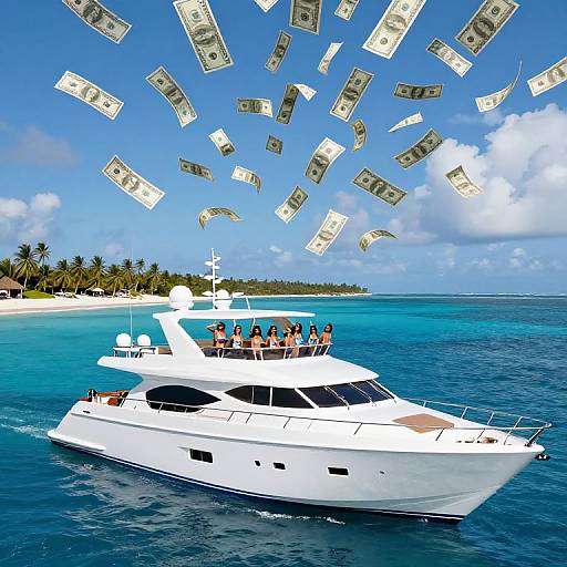 Photograph: White yacht floating on turquoise ocean, surrounded by falling US dollar bills, with clear blue sky and palm tree-lined shore in background.