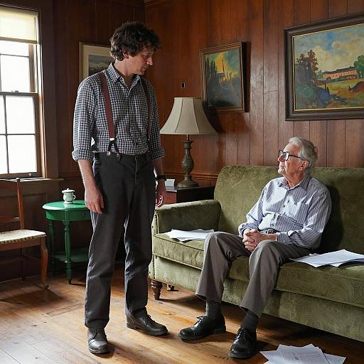 Two Men in Wooden Room with Green Couch