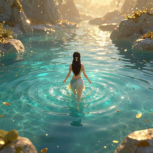Digital artwork of a woman with long black hair, wearing a white wrap, standing in a glowing, turquoise pool, surrounded by sunlight and floating particles,