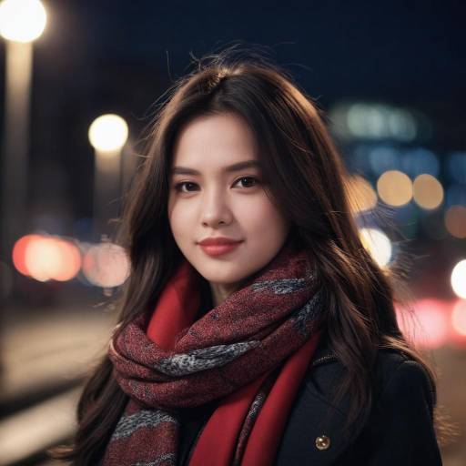 Young Woman Wearing Red Scarf at Night