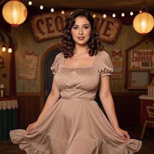 Photograph of a curvy woman with dark curly hair, wearing a beige, puffed-sleeve, vintage-style dress, standing in a warmly