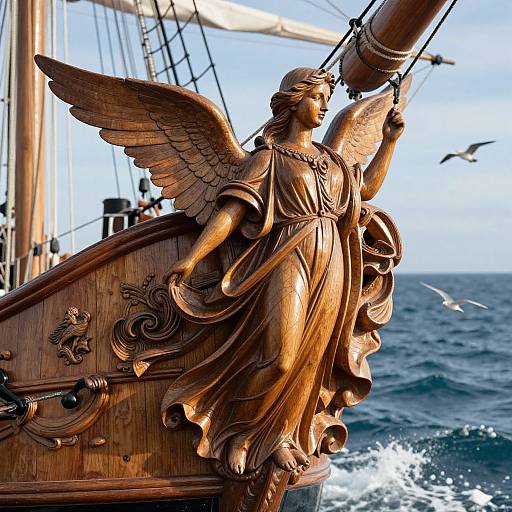 Photograph of a golden, winged angel statue with flowing dress, holding ship's rope on a wooden ship deck, ocean waves and seagulls