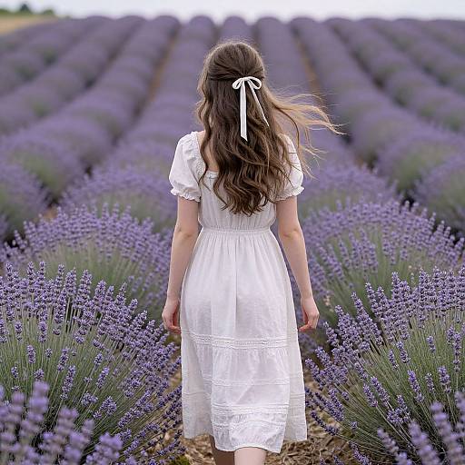 Photograph of a young woman in a white, short-sleeved, lace dress with a ribbon in her long brown hair, walking through a lavender