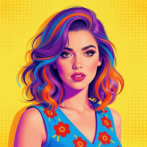 Digital pop art portrait of a woman with purple and orange wavy hair, blue floral dress, yellow polka-dot background.