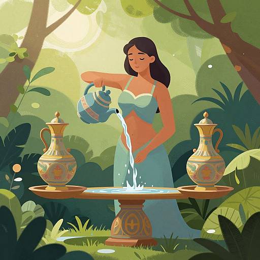 Digital illustration of a dark-haired woman in a blue bikini top and flowing skirt, pouring water from a patterned teapot into a decorated fountain in a