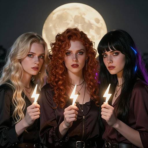 Three Women with Lightning Bolts Under Moon