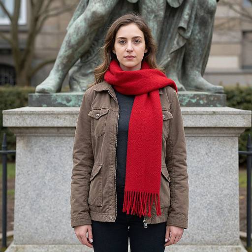 Photograph of a young woman with fair skin, brown hair, and red scarf, wearing a brown jacket and black shirt, standing in front of a