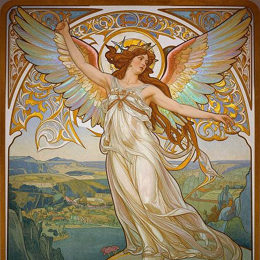 Art Nouveau-style painting of a winged angel with flowing golden hair, wearing a white dress, standing over a scenic countryside landscape.