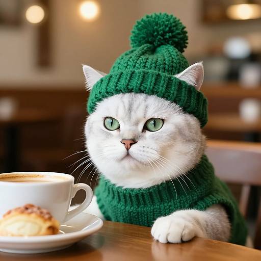 Photograph of a white cat with green eyes wearing a green knitted beanie and matching sweater, sitting at a wooden table with a cup of coffee